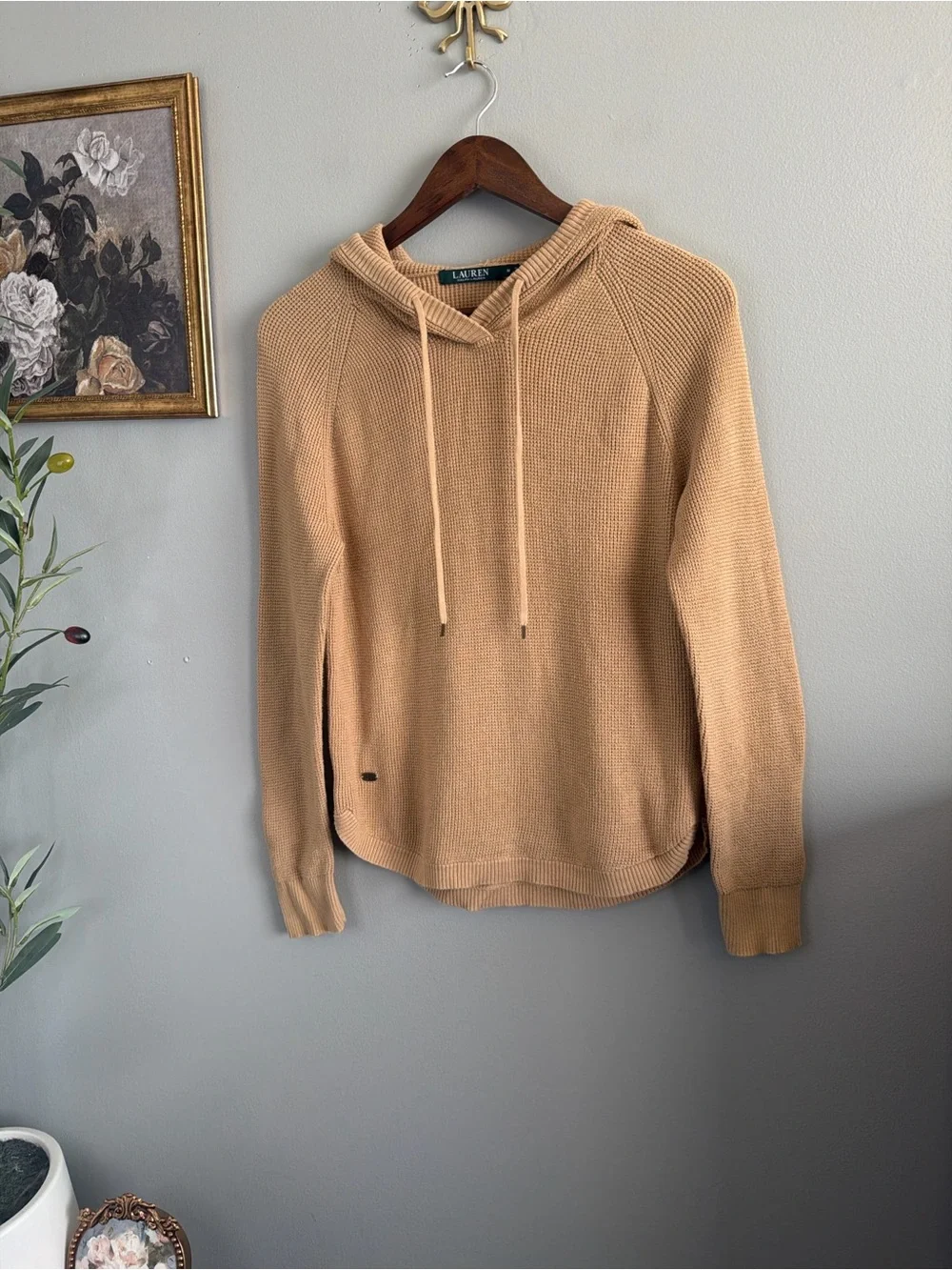 Lauren Ralph Lauren Hooded Waffle Knit Sweater Hoodie Tan 100% Cotton Medium